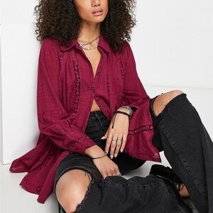 Free People Mikaela button down tunic floral eyelet top with tie berry medium